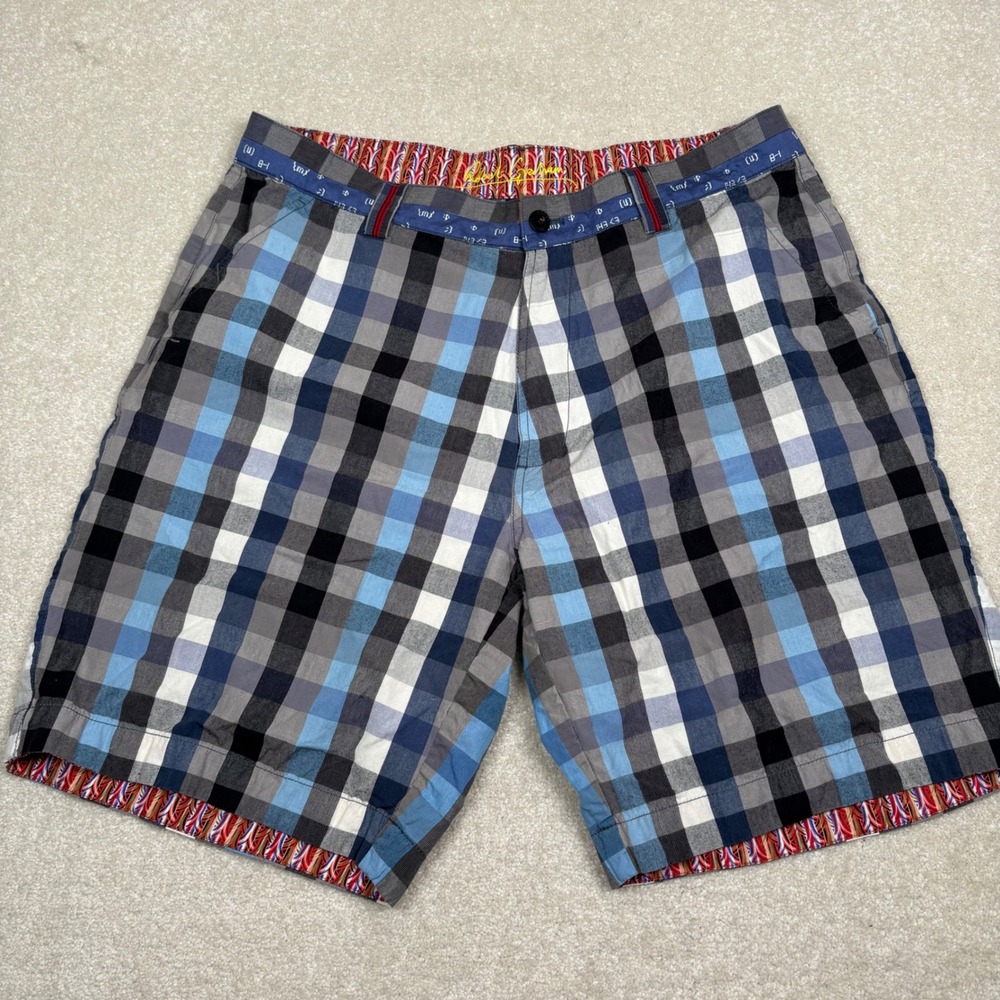 Robert Graham Mens Plaid Shorts Blue Grey White Check Size 38 Meaures 36‎